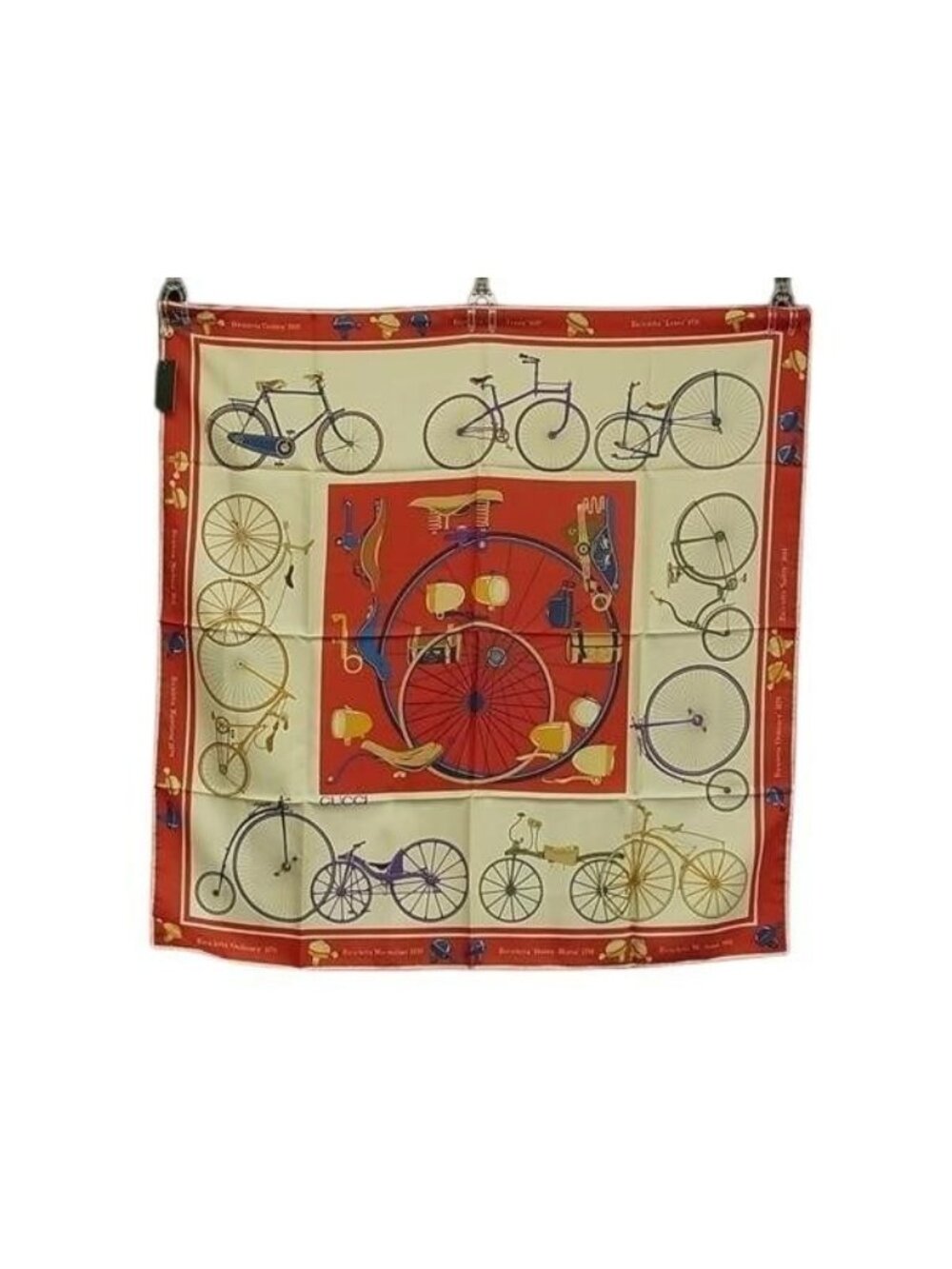 Gucci Scarf Red Multicolor Silk 100% Large Bicycle Pattern - Picture 1 of 6